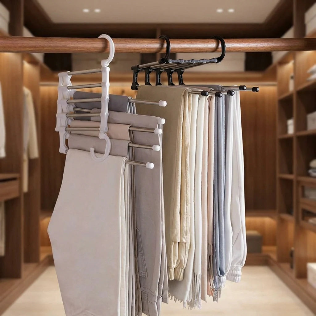 5-in-1 pants hanger holding multiple pants with clip bars