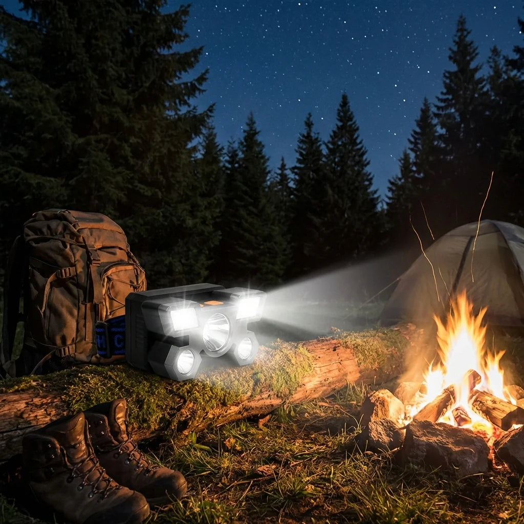 Rechargeable LED headlamp shining a beam near a campfire