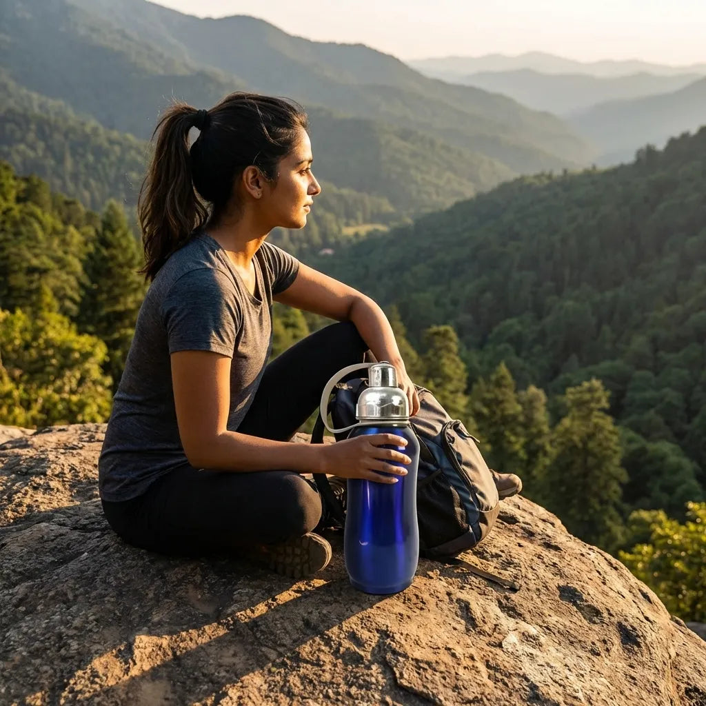 Stainless steel water bottle with metal flip-top lid, blue body