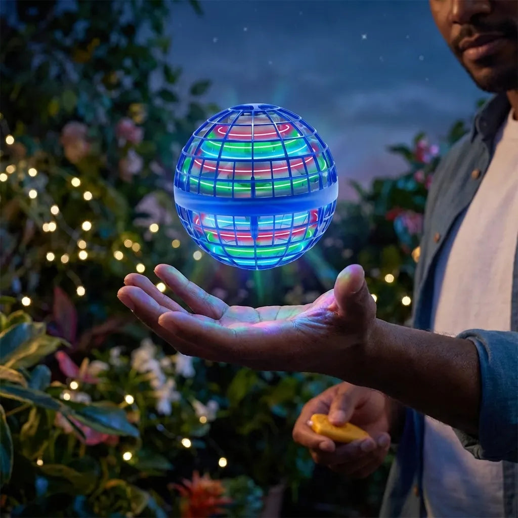 Glowing blue magic flying orb toy with colorful grid lights in a hand