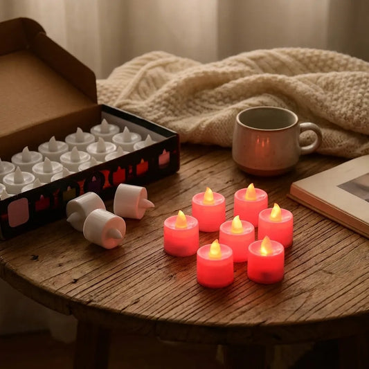 Set of red flameless LED tealight candles with glowing candle-style lights
