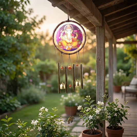 Ganesh wind chime with round medallion and dangling metal bells and beads