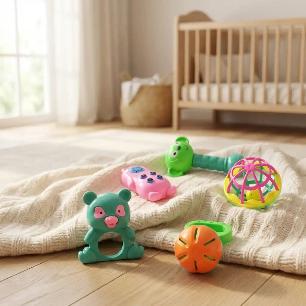 Set of baby rattles: green bear ring rattle, pink octopus, orange ball, yellow ball