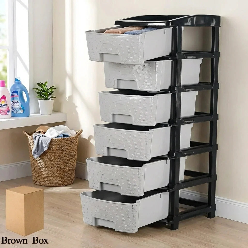 6-layer plastic drawer organizer cabinet with six gray drawers and black frame