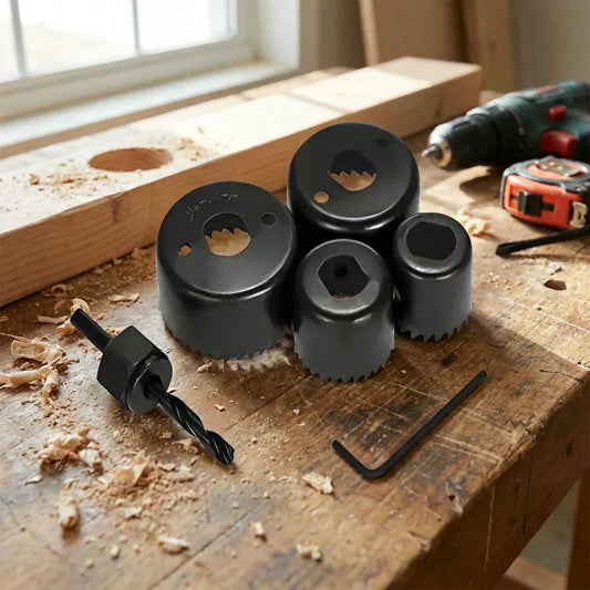 Hole saw cutter set with black circular bits and guide pilot, for drilling wood