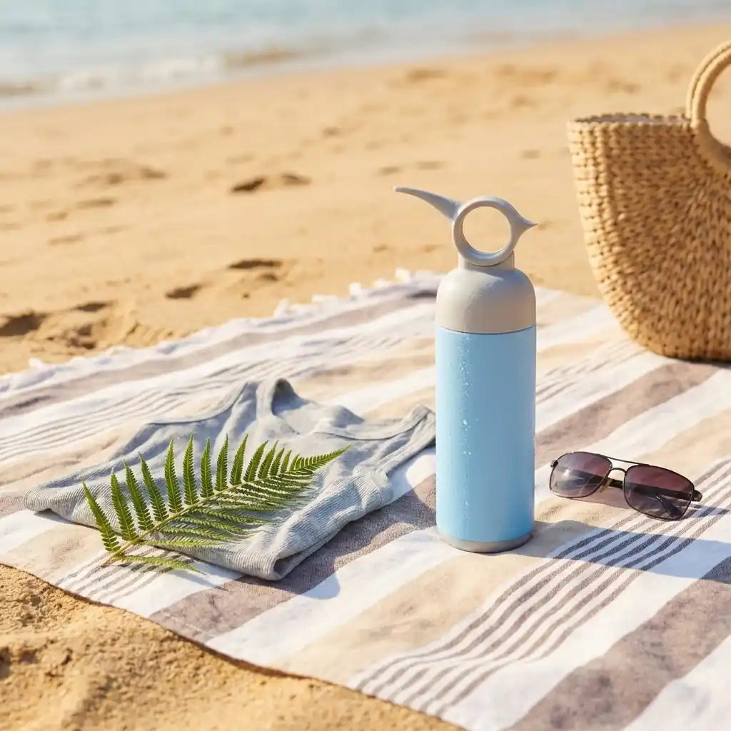 Blue stainless steel water bottle with carry handle loop and flip drinking spout