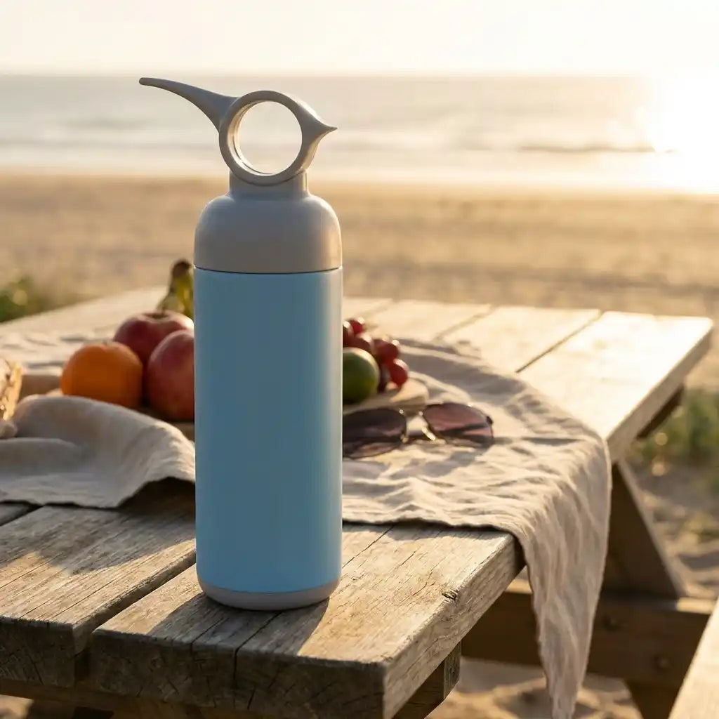 Blue stainless steel water bottle with white flip spout and carry handle loop