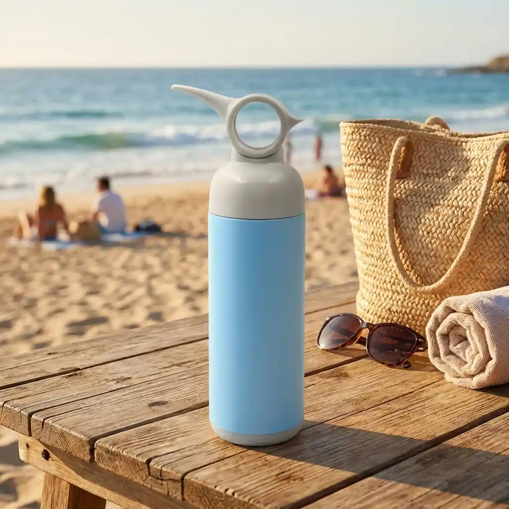 Blue stainless steel water bottle with handle loop and flip spout, standing on table