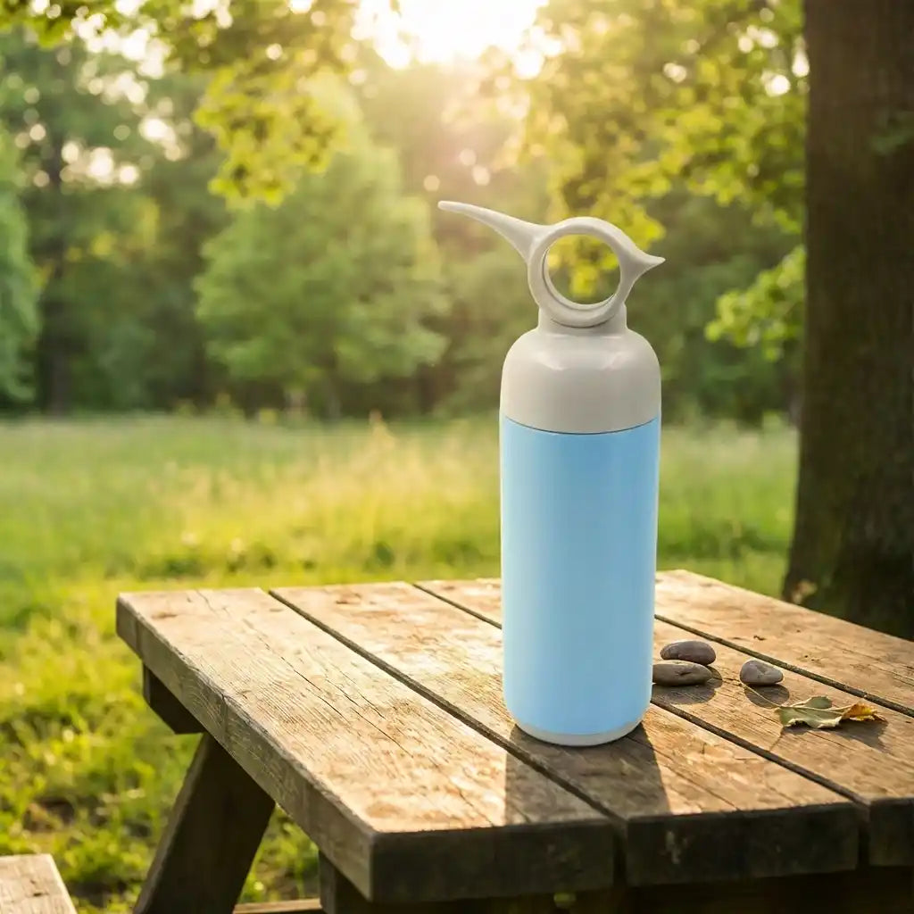 Blue stainless steel water bottle with handle loop and flip spout, on wooden bench