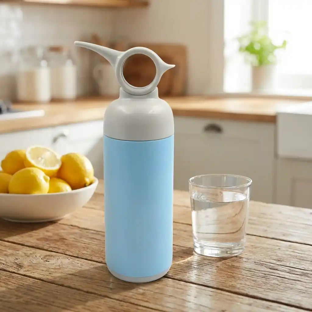 Blue stainless steel water bottle with handle loop and flip spout, on kitchen counter