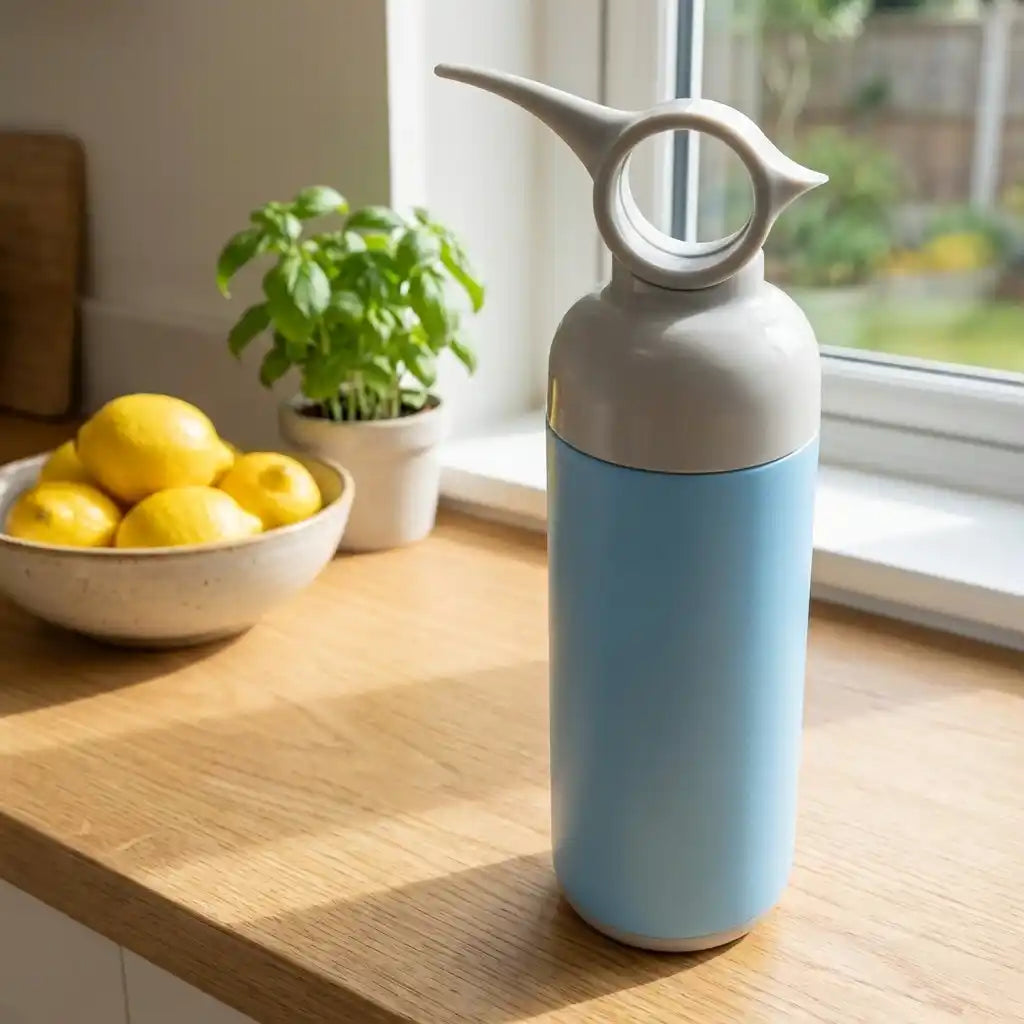 Blue stainless steel water bottle with white lid and handle loop, upright on tabletop