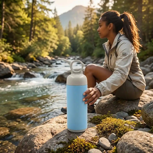 Blue stainless steel water bottle with carry handle and flip spout, white cap