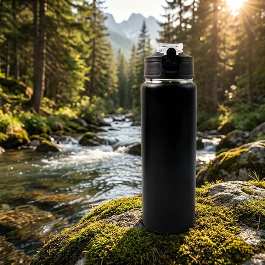 Sports water bottle 500 ml in dark black with flip-top lid