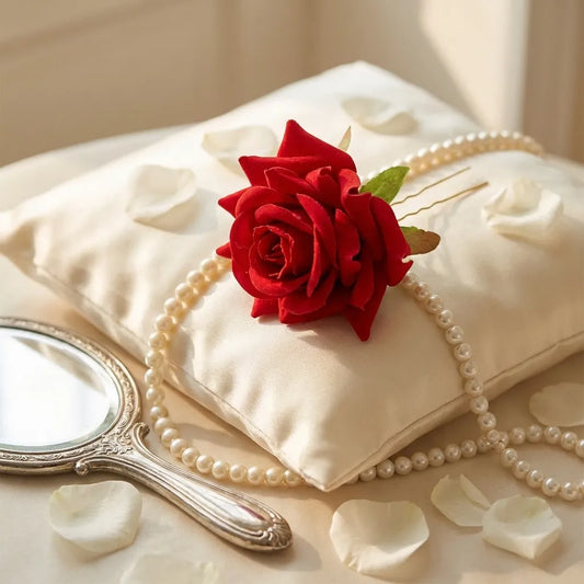 Rose-shaped hair clip with red fabric rose and pearl bead trim
