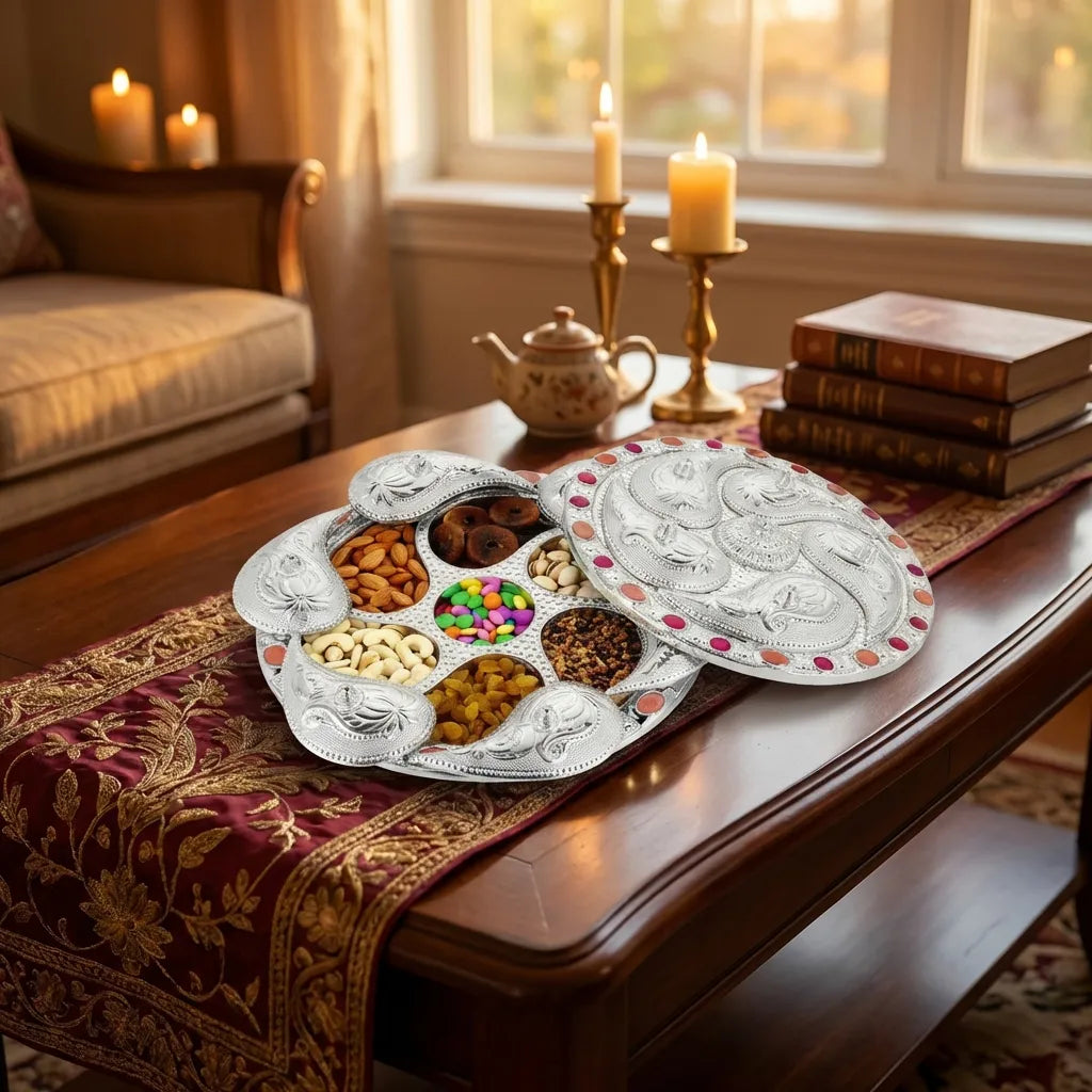 White silver 7-compartment dry fruit serving tray with decorative curved rim and blue dots