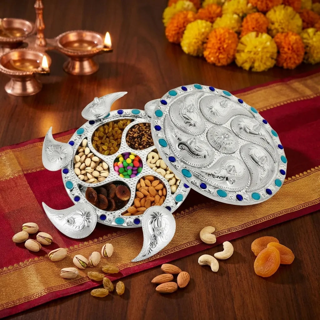 White-silver 7-compartment dry fruit serving tray with open sections and blue stud edging