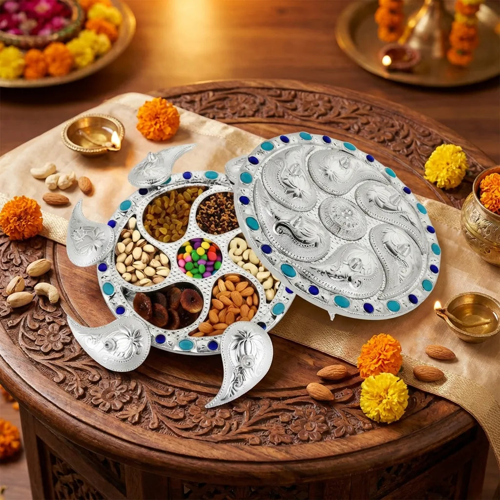 White-silver 7-compartment dry fruit tray with ornate lid pattern and blue dot borders