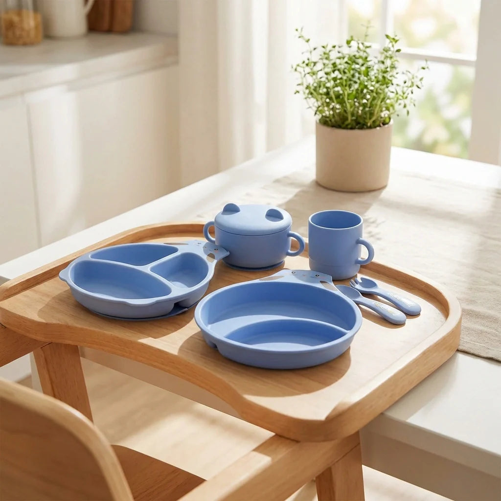 Blue kids feeding set with tray: divided plate, bowl, cup, spoon, fork, pot