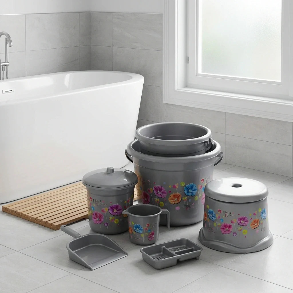 Plastic bathroom storage set with gray floral bins, lids, tray, and scoop