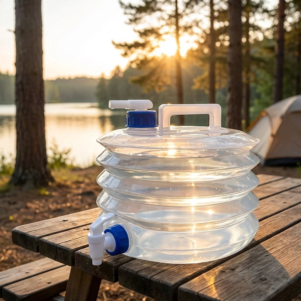 Collapsible portable water container with blue spout and clear foldable body