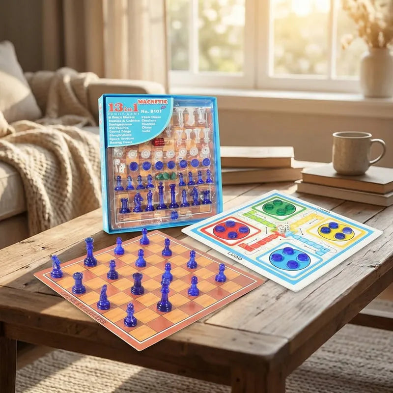 Family game set with board, blue game pieces, and instruction cards in box