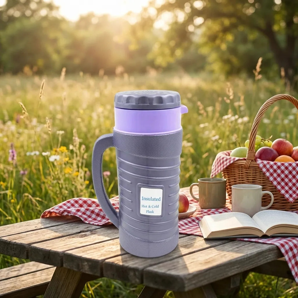 Insulated tea kettle with carry handle, light purple and gray, screw lid