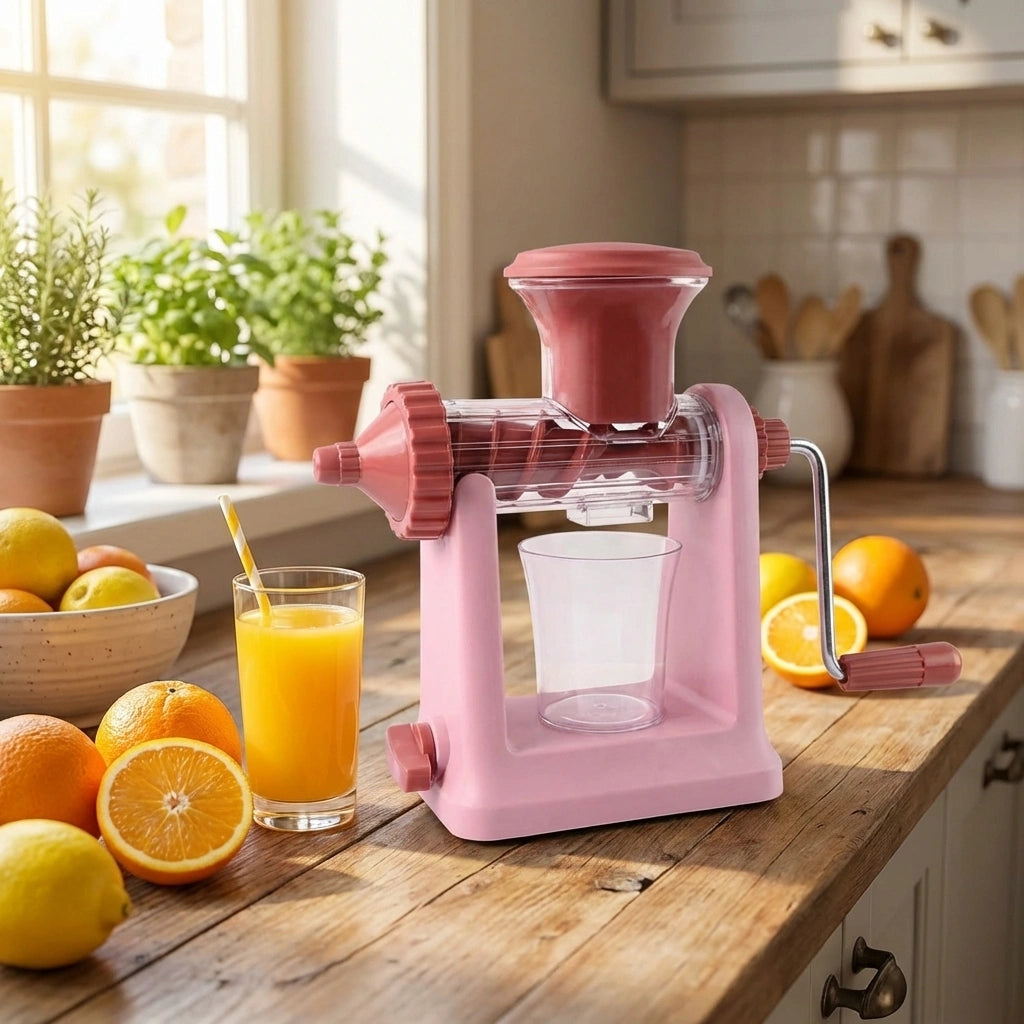 Pink manual hand juicer machine with clear juice container and spout