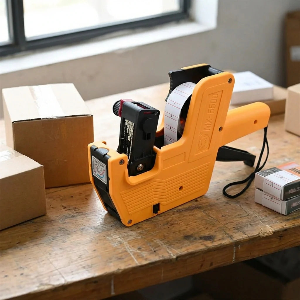 Orange 8-digit price tag gun with label roll and handheld handle