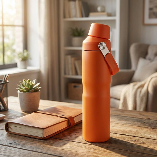 Orange insulated kids water bottle with carry strap and flip-top lid