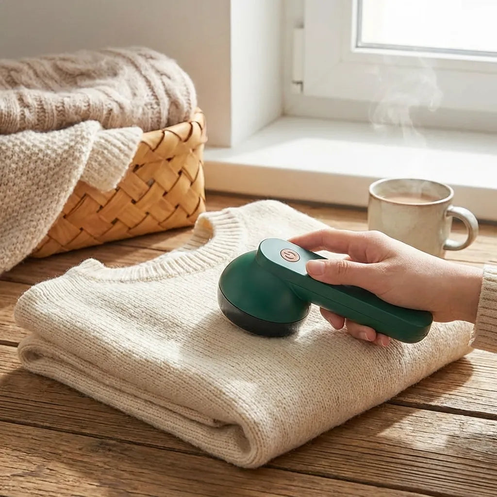 Handheld portable lint remover in dark green with red indicator button