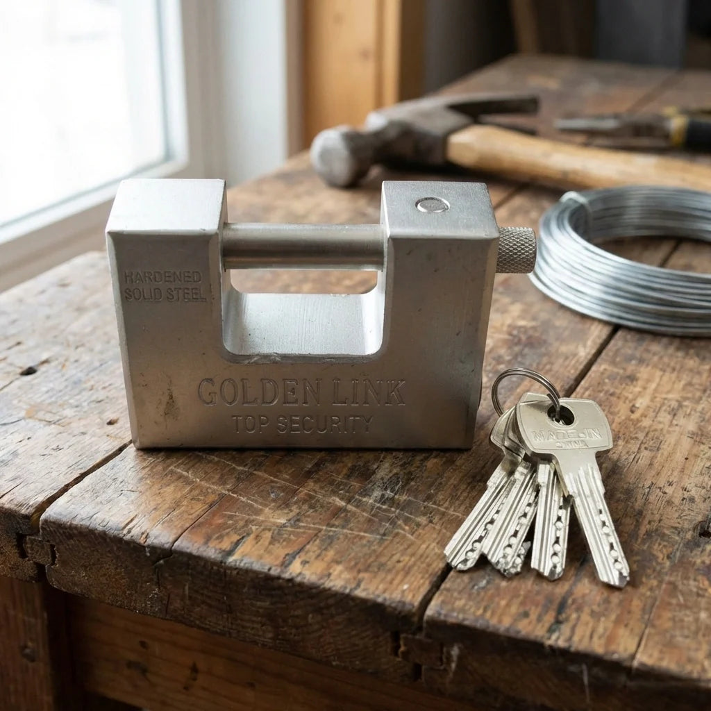 94 mm stainless steel padlock with keys; open U-shaped shackle