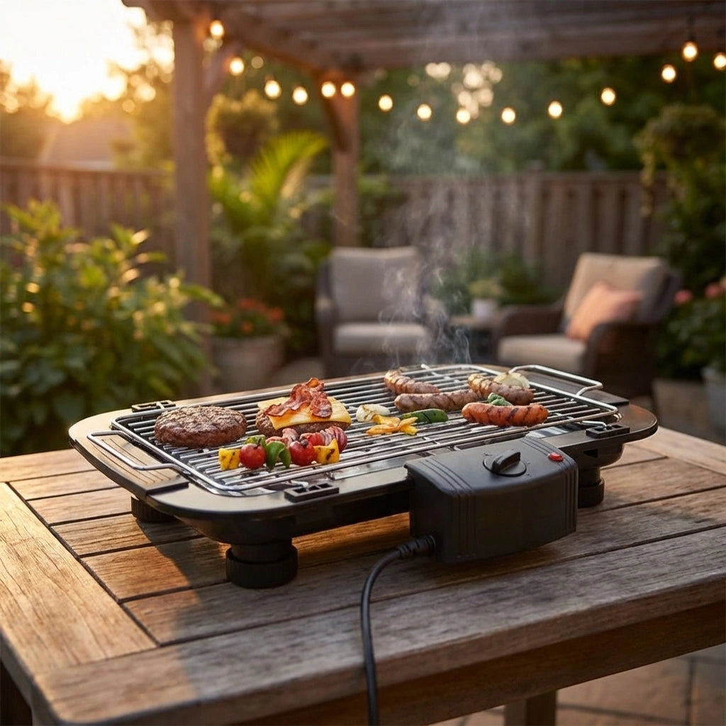 Electric smokeless grill with open grate, cooking burgers and vegetables, control knob