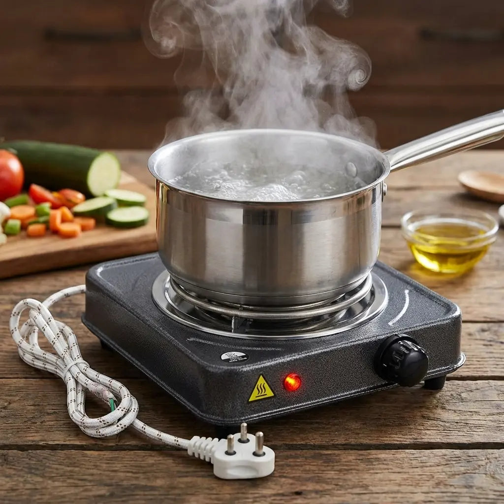 Electric countertop stove with steaming stainless pot, red heating ring and control knob