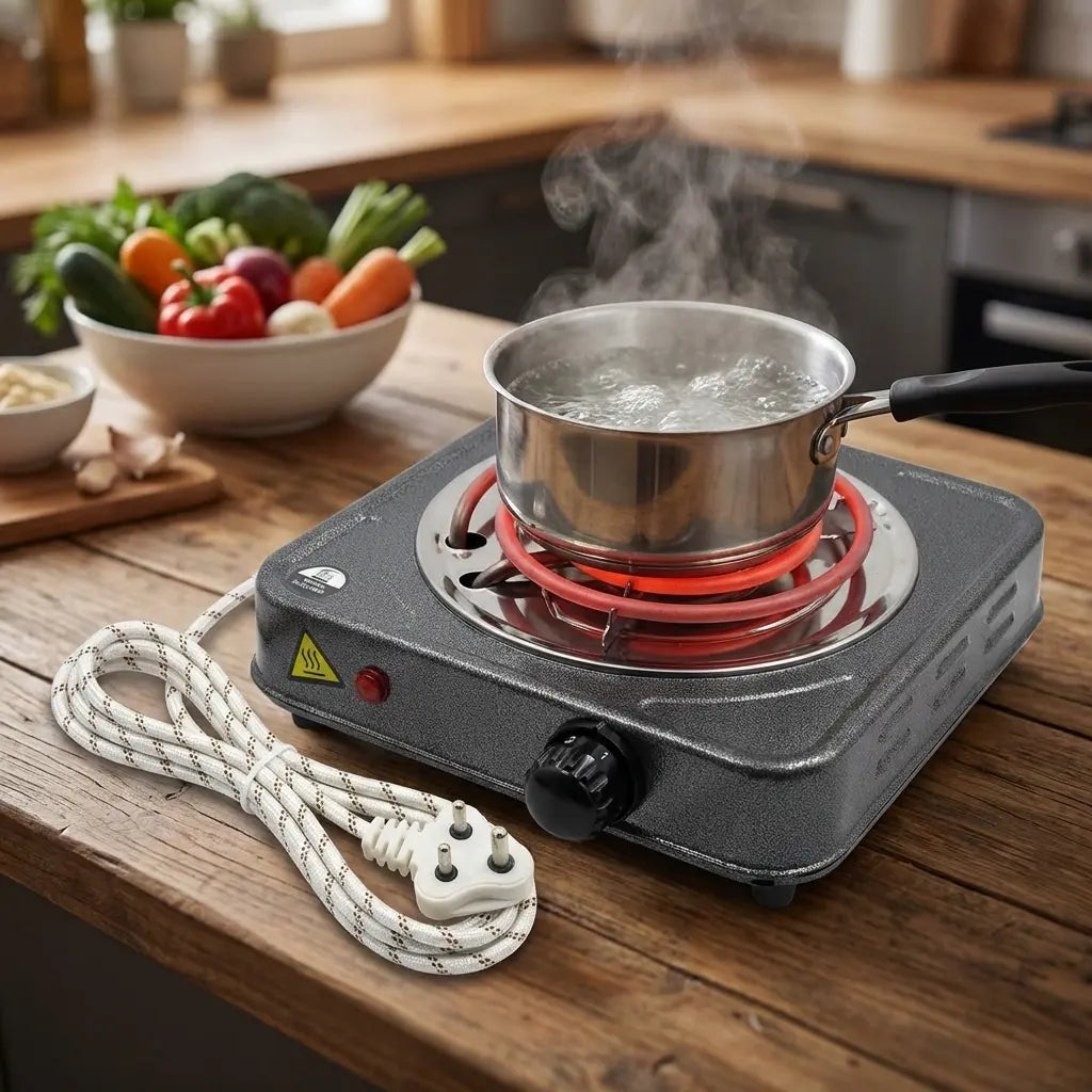 Electric countertop stove with steaming stainless pot, raised red coil ring and power cord