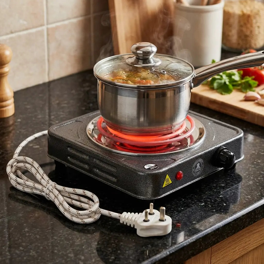 Electric countertop stove with lidded stainless pot, red heating ring, cord and front controls