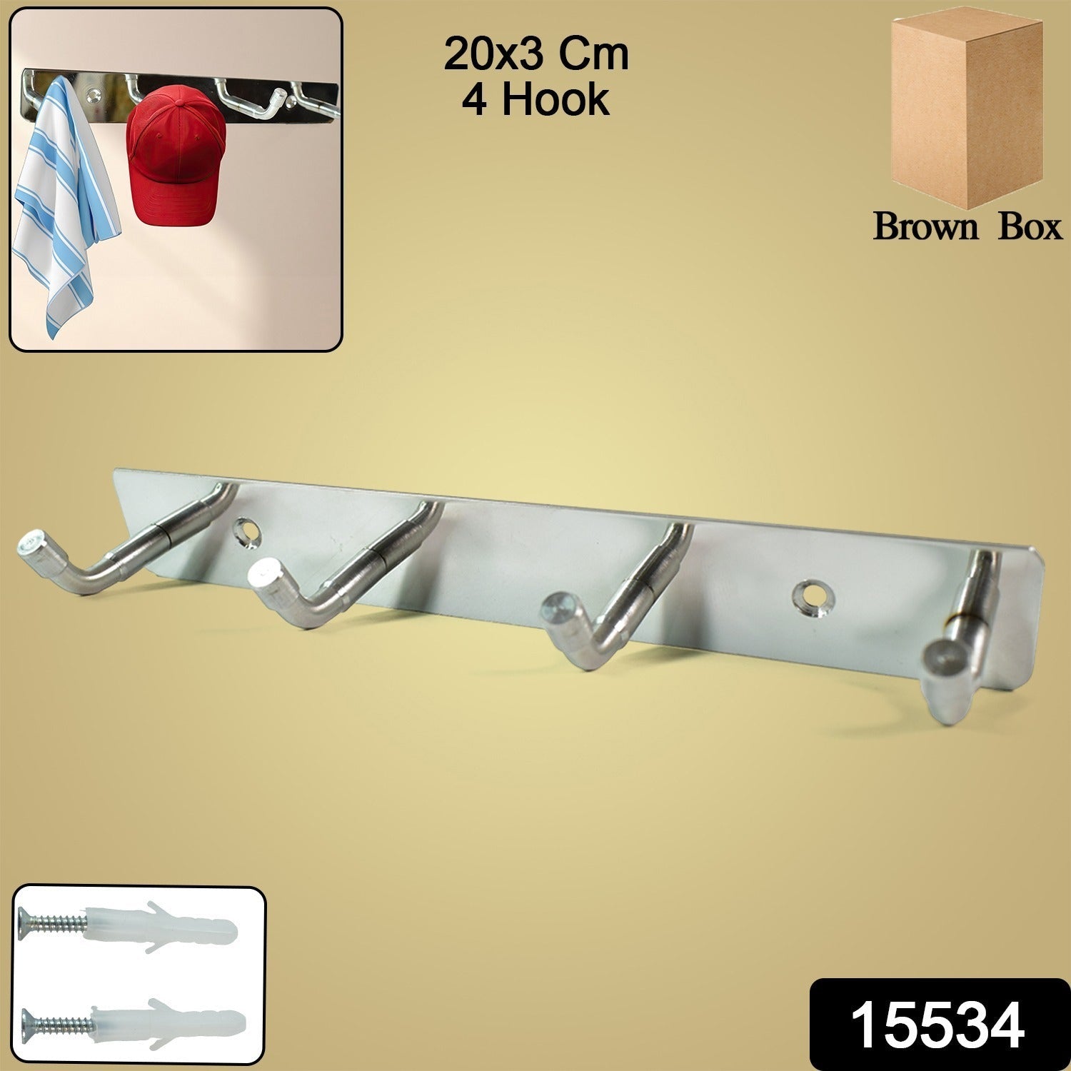 Stainless Steel 4 Hook Rack (20x3)