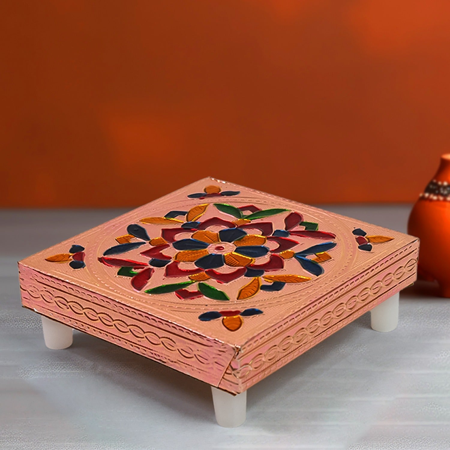 Handicraft Meenakari Wooden Chowki For Puja (1 Pc Set)