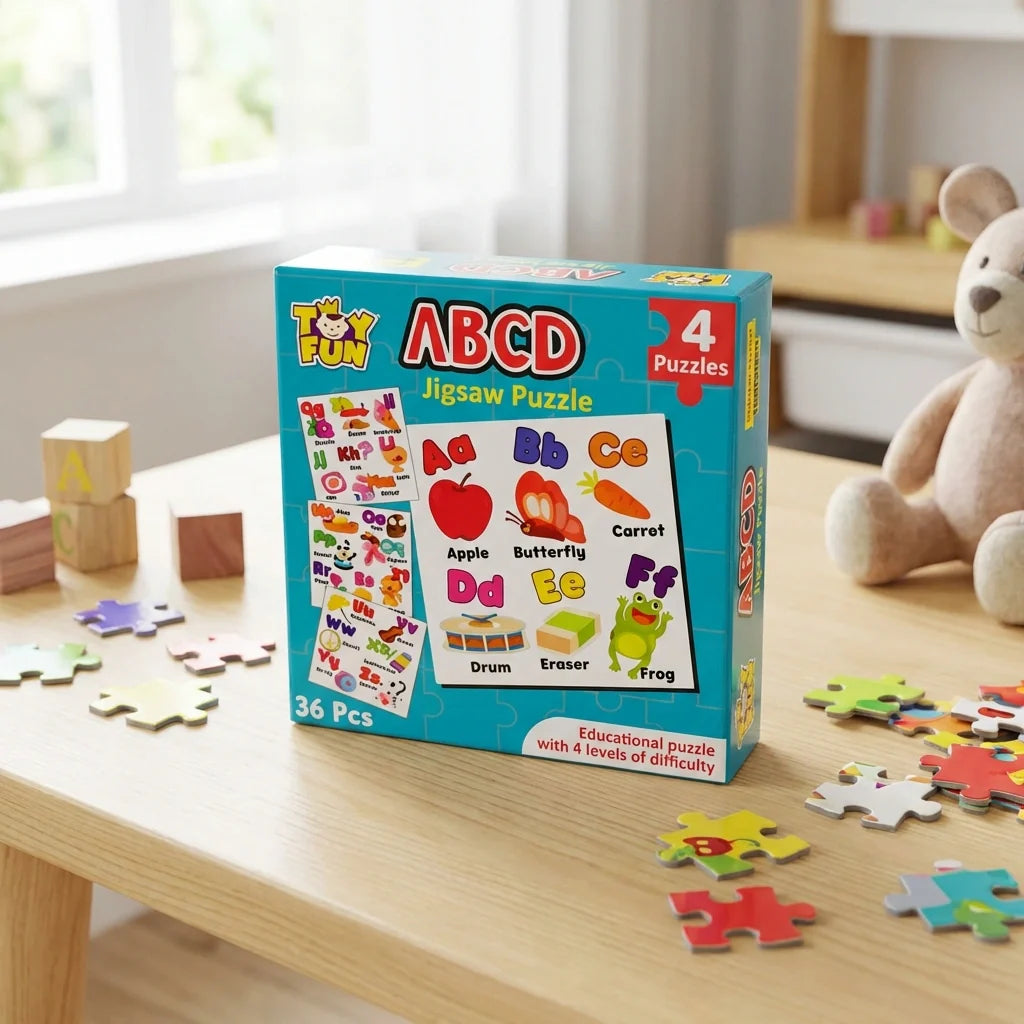 ABCD jigsaw puzzle toy box with 4 puzzles and colorful 36-piece pieces