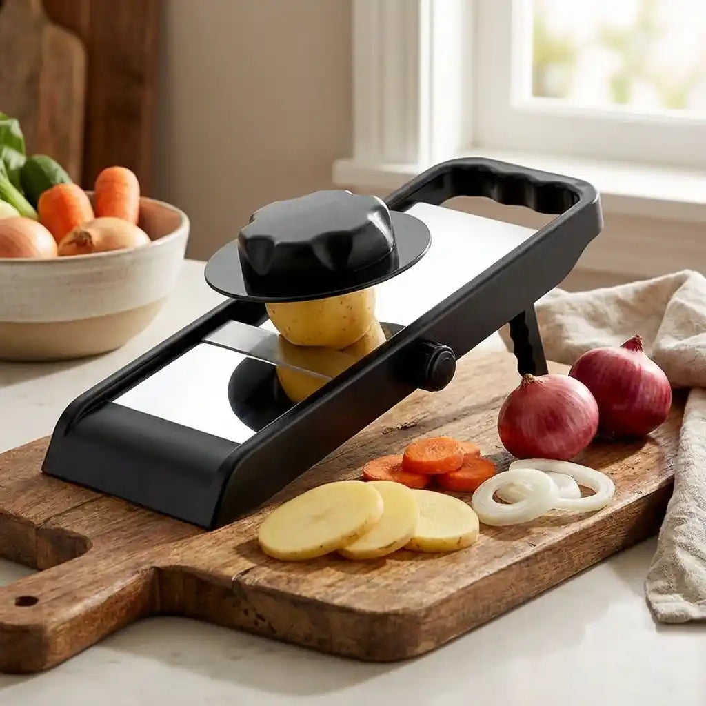 Adjustable slicer and grater, black base, grating potato and onion slices