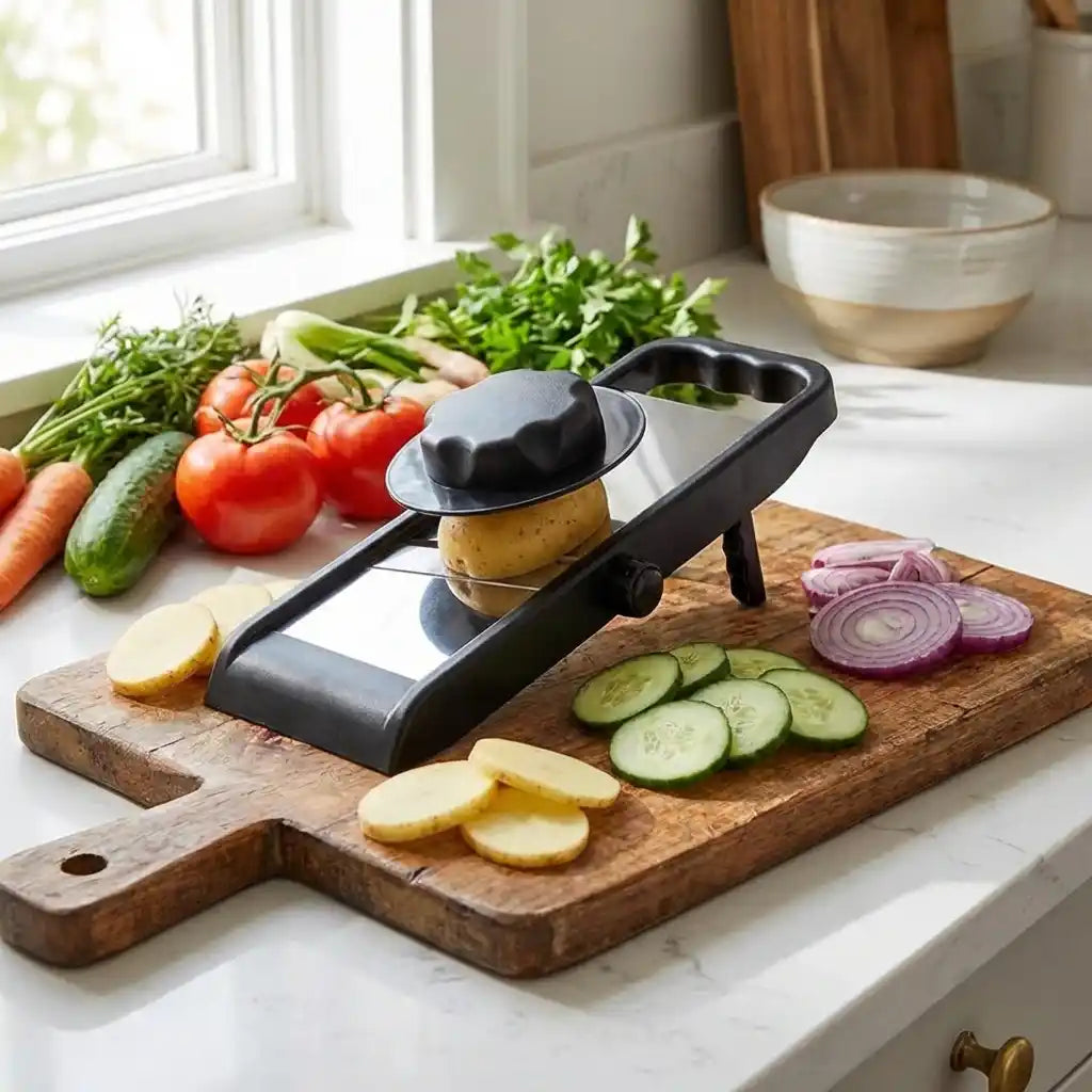 Adjustable slicer and grater with black base, grating potatoes and cucumbers
