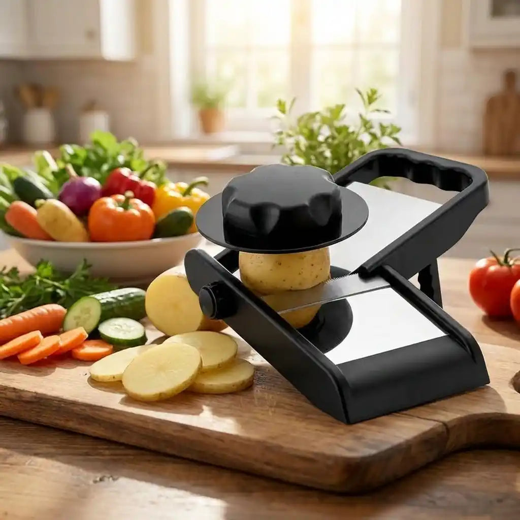 Adjustable slicer and grater on a wooden board with black handle and grater drum