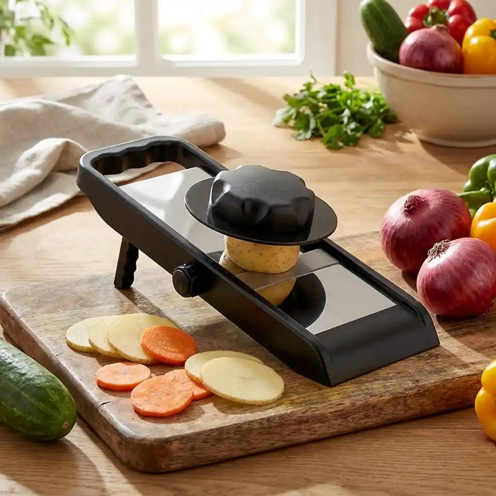 Adjustable slicer and grater with black grating drum beside chopped vegetables