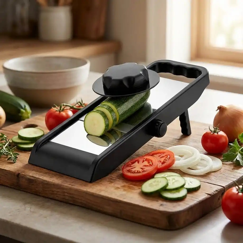 Adjustable slicer and grater with black grating drum, slicing cucumber rounds