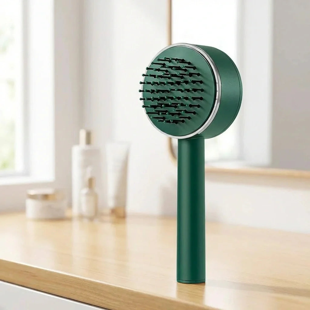 Green air cushion hair brush with round vented cushion head and bristles