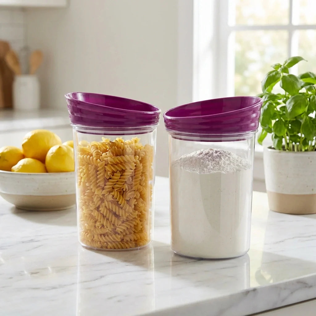 Set of 2 airtight food containers with clear bodies and purple lids