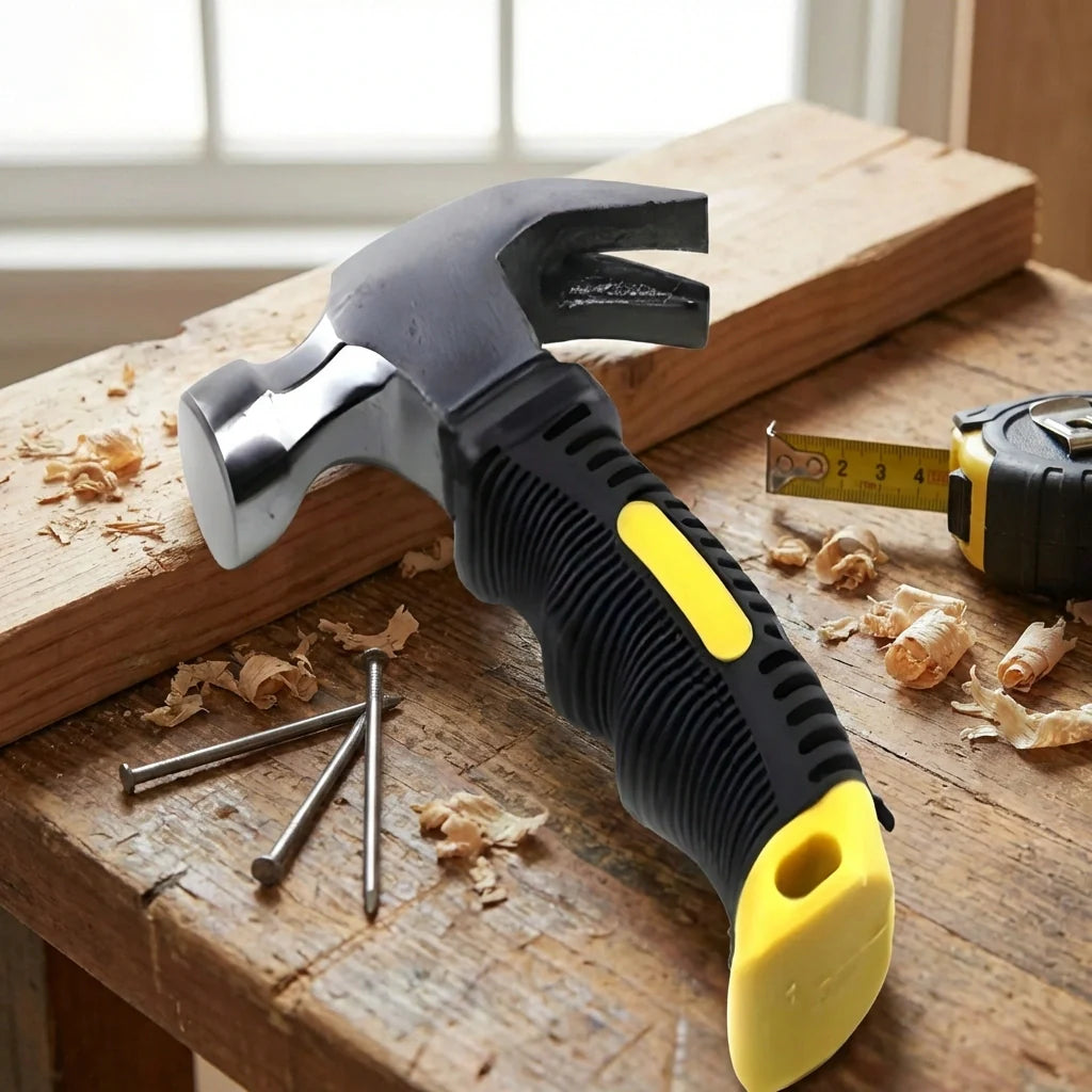 Claw hammer with yellow-grip handle and curved claw head