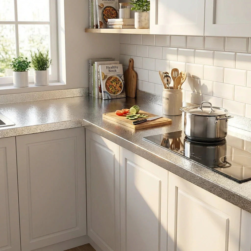 Kitchen backsplash wallpaper with light white rectangular tile pattern