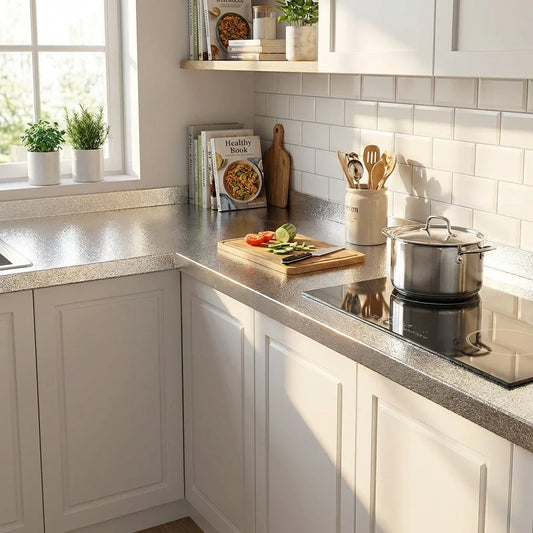 Kitchen backsplash wallpaper with light white rectangular tile pattern