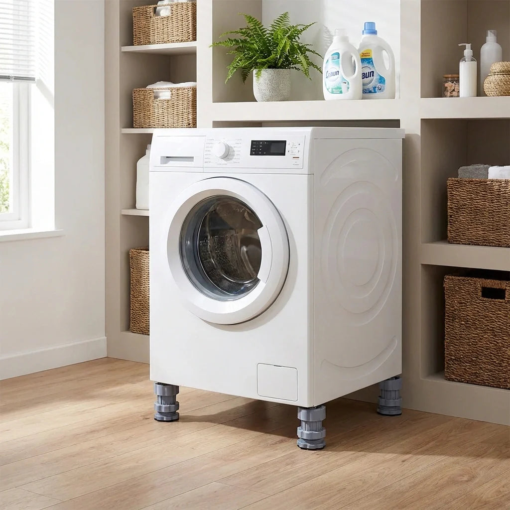 Anti-vibration support pads under washing machine legs, gray.