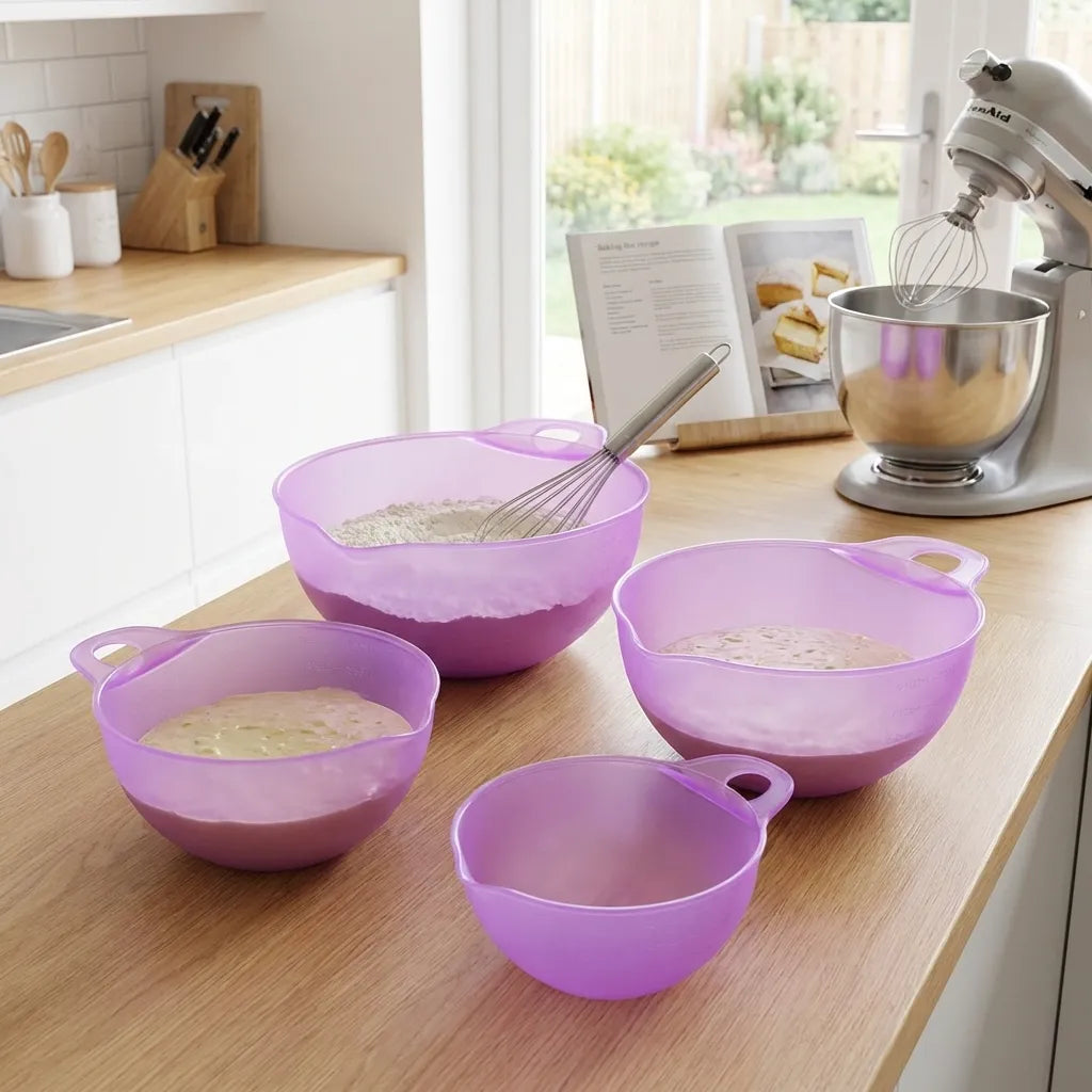 Purple 3-piece prep bowls with handles showing contents, arranged for baking on counter.